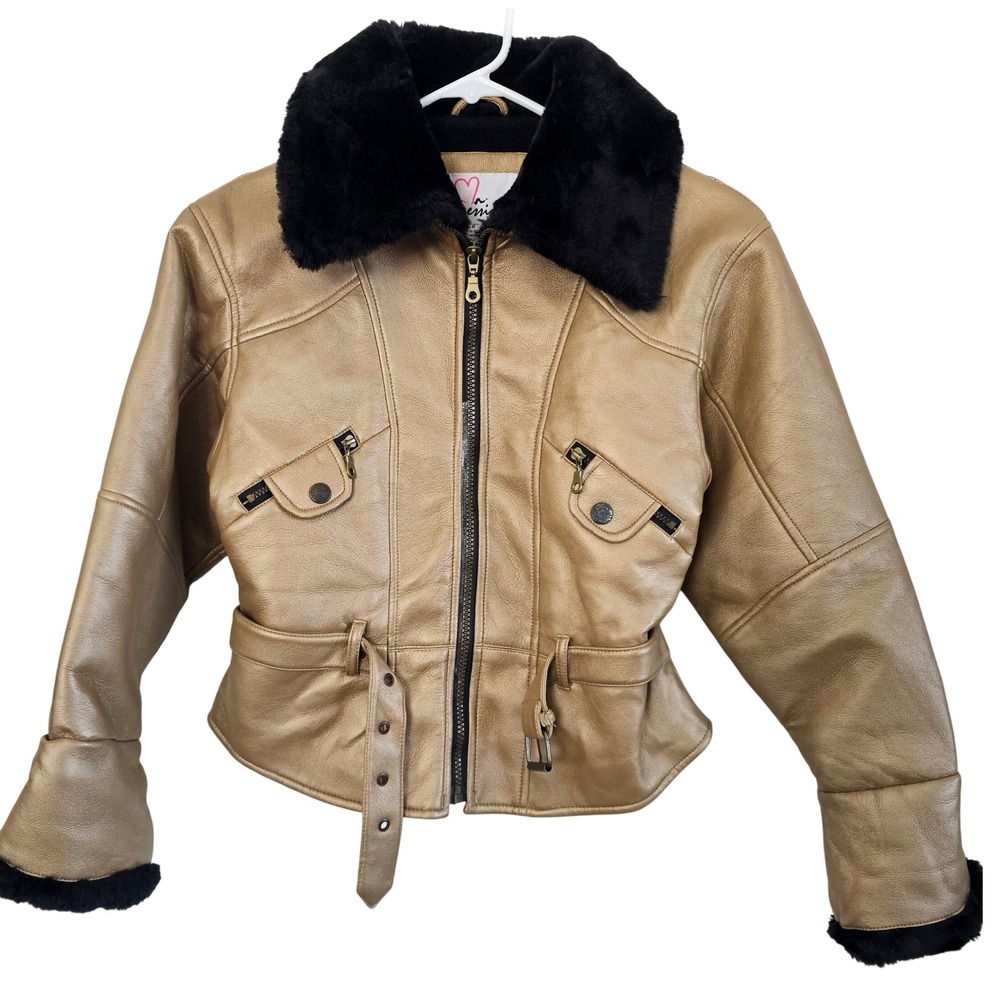 Expressions Womens Metallic Gold Faux Leather Aviator Jacket Faux Fur Size 8‎
